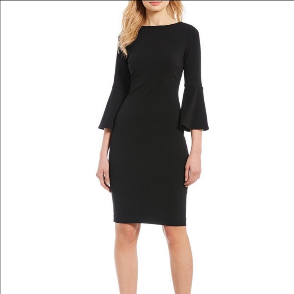 Calvin Klein 3/4 Bell Sleeve black Boat Neck Sheath Dress size 6